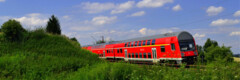 Eine rote S-Bahn fährt durch die Landschaft 